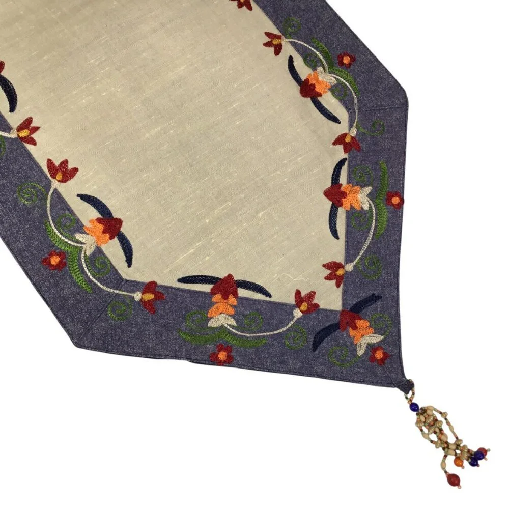 Pier One Imports Table Runner Floral Denim 14 x 72 Embroidered Beaded Tassels